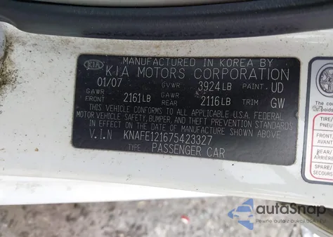 2007 Kia Spectra Ex from USA, damaged, VIN KNAFE121675423327